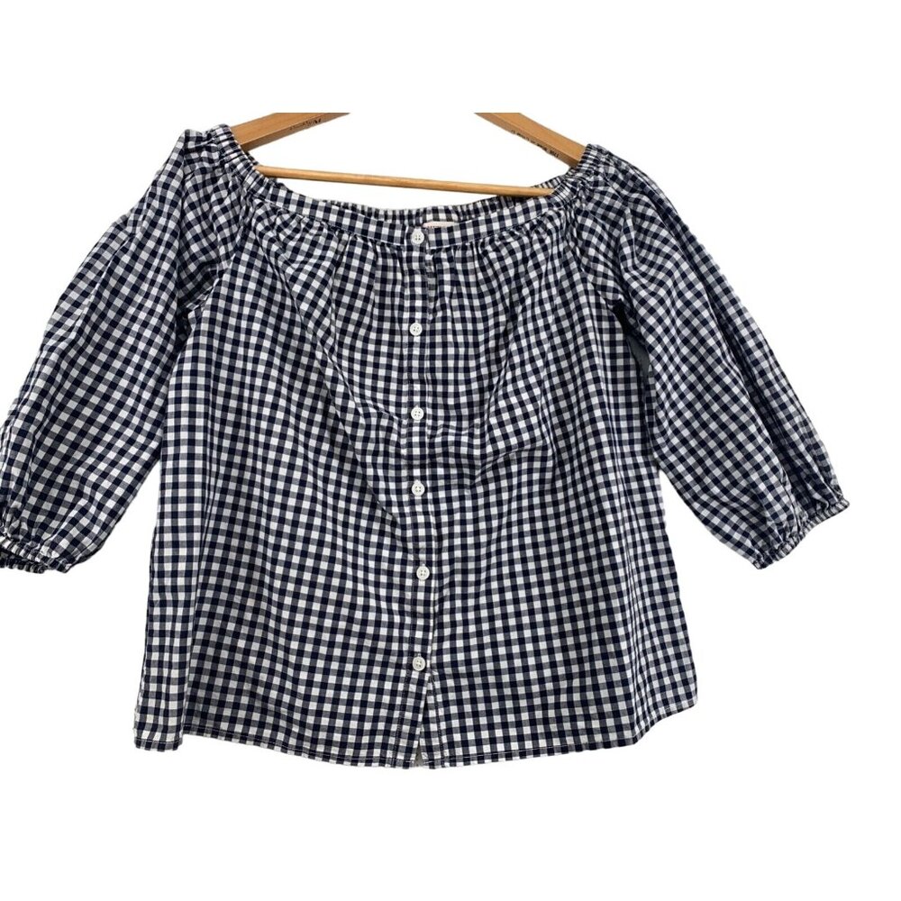 Merona Womens Top Sz XS Black/White Gingham Off Shoulder Button Front Cottage